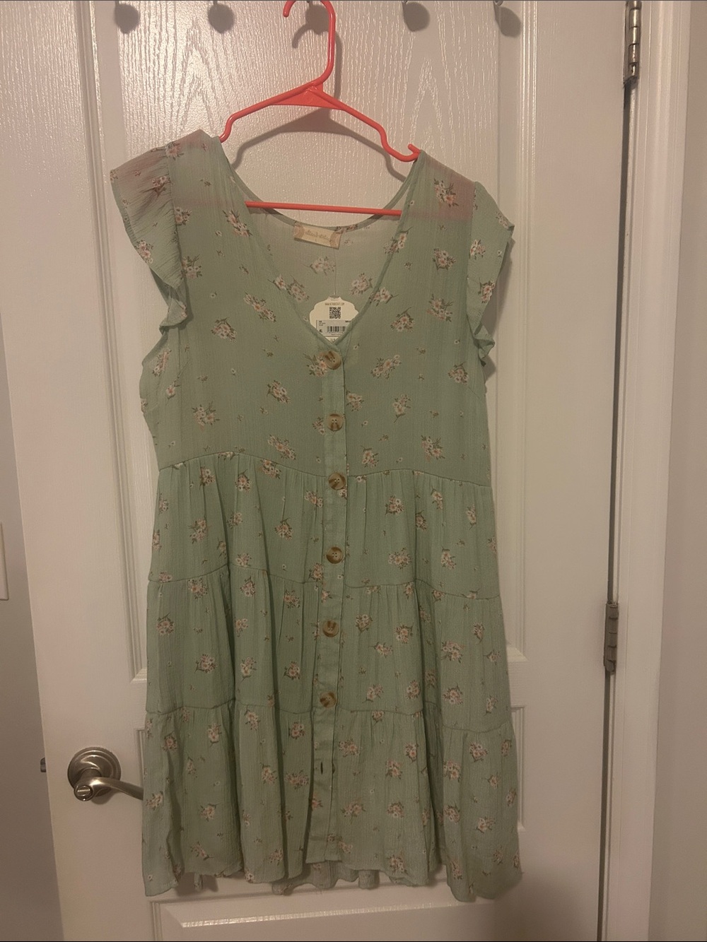 Altar'd State Mint Green Floral Button-Front Tiered Dress